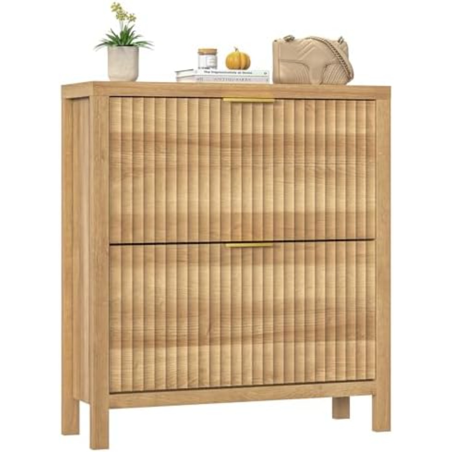 Shoe Rack Cabinet Narrow Entryway - Fluted Shoe Cabinet Storage with 2