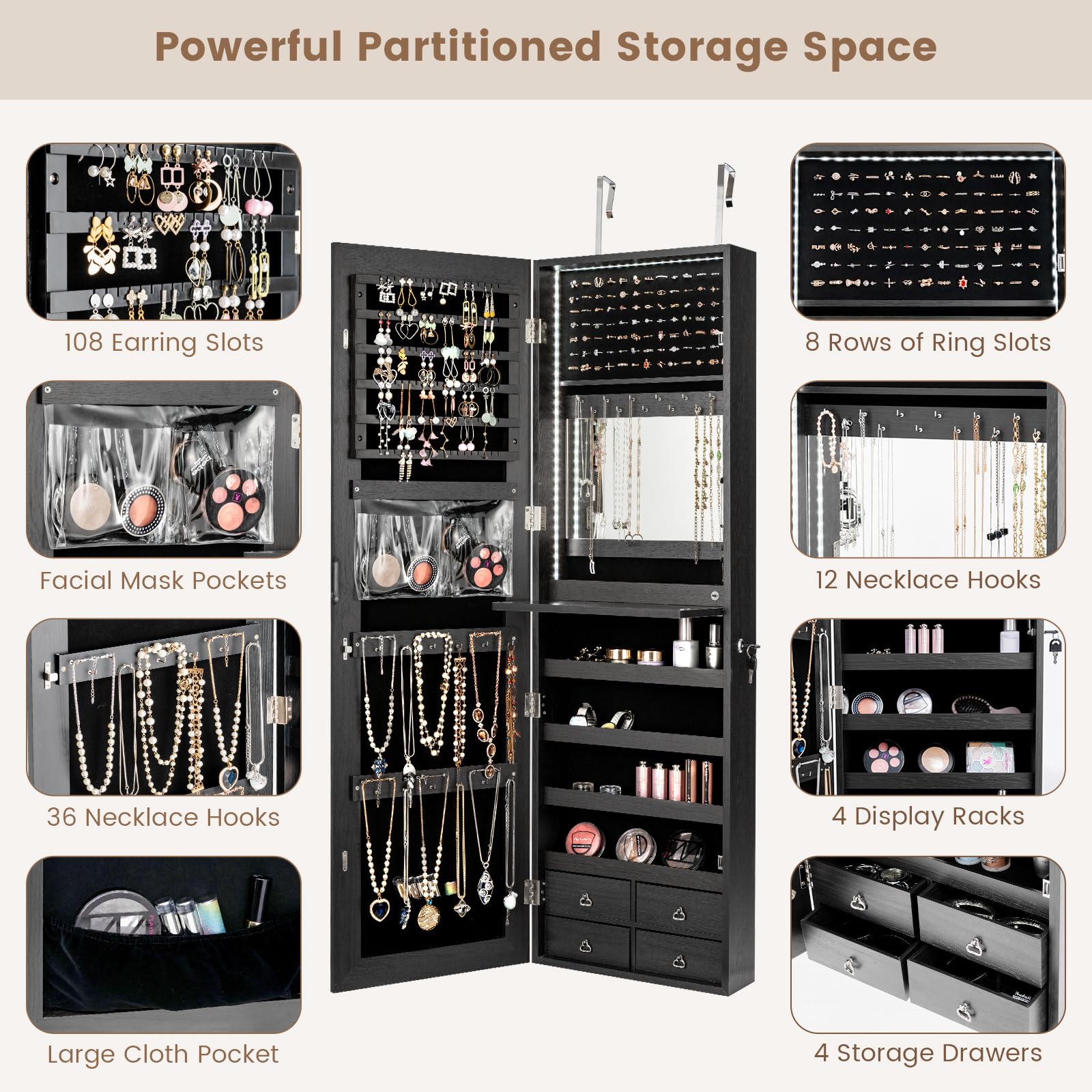 47” LED Jewelry Armoire, Door/ - огляд і ціна Full Length Mirror Jewelry Armoire